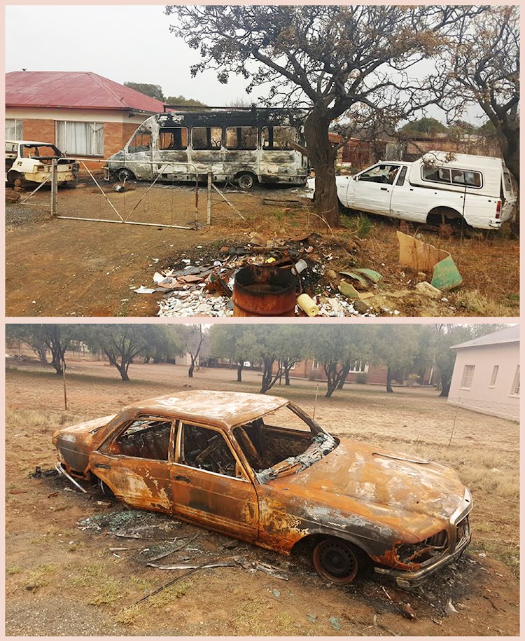 Top: There are many dilapidated houses in Springfontein. Bottom: A man whose wife cheated on him lost his mind and set his car on fire.