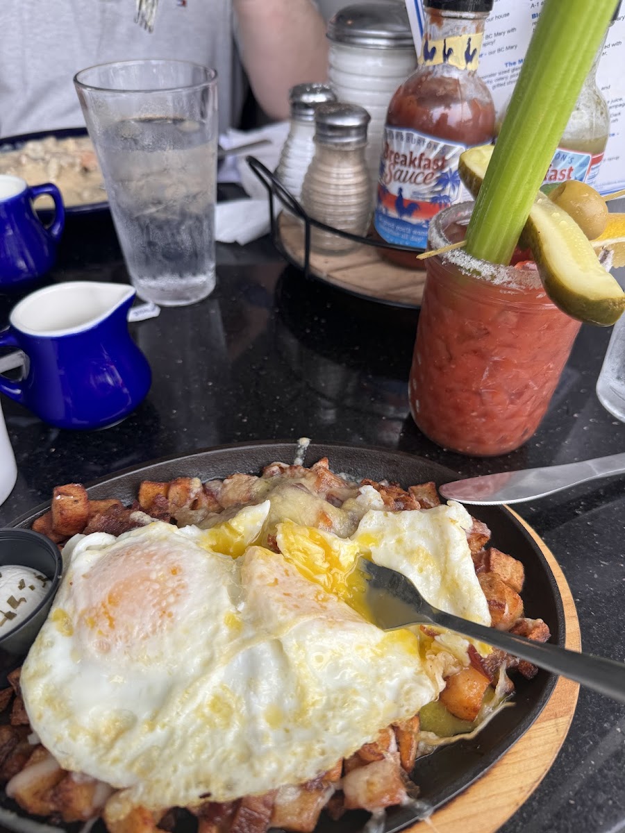Röstis- they had several different skillets, this is the bacon and swiss with eggs over easy! Also the sauces are gluten free! And the bloody mary mix! And they had dairy free alternatives for coffee creamer