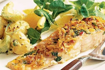 Roast salmon with spiced coconut crumbs