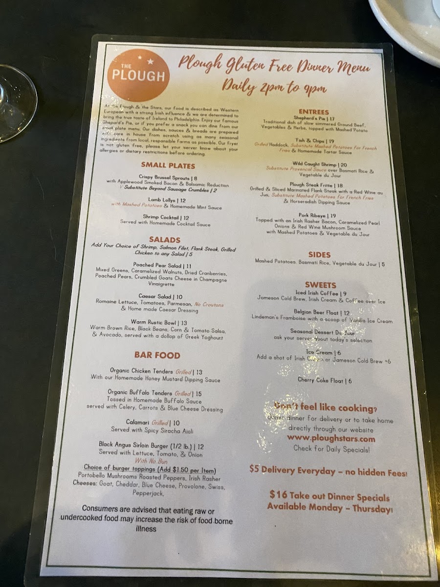 Gluten Free menu