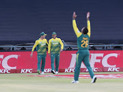 Tabraiz Shamsi of South Africa celebrates the wicket of Manish Pandey of India during the 3rd KFC T20 International match between South Africa and India at PPC Newlands on February 24, 2018 in Cape Town, South Africa. 