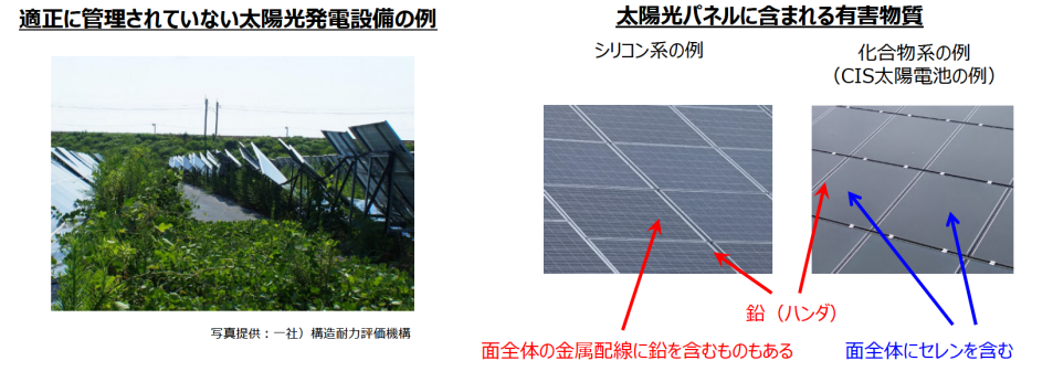 『適正に管理されてない太陽光発電設備の例』と『太陽光パネルに含める有害物質』