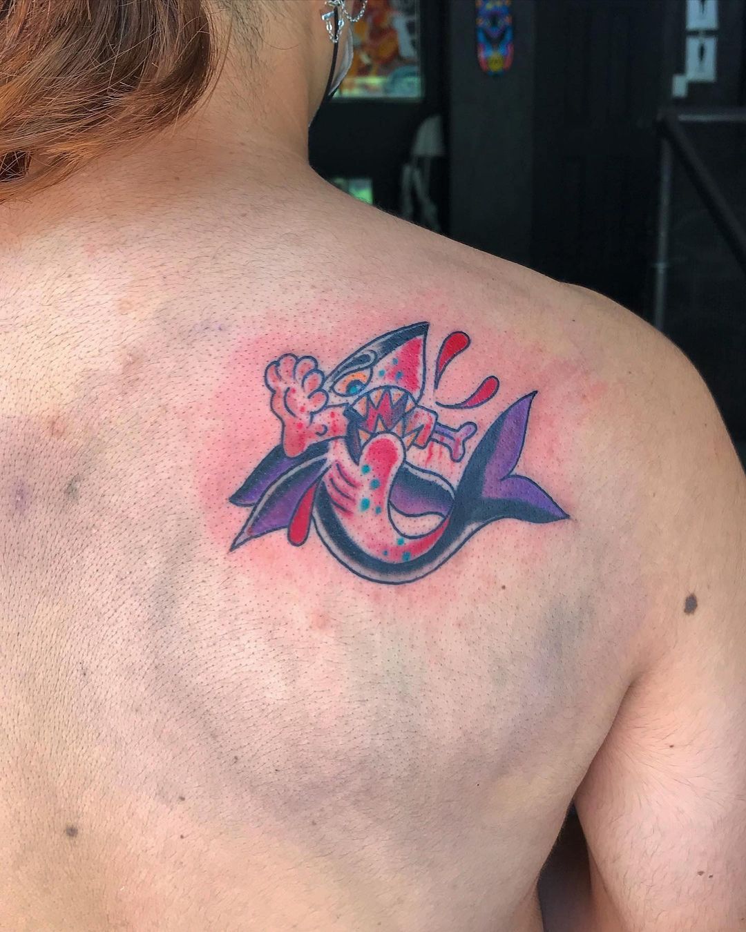 Henna Shark Tattoo On Back Shoulder