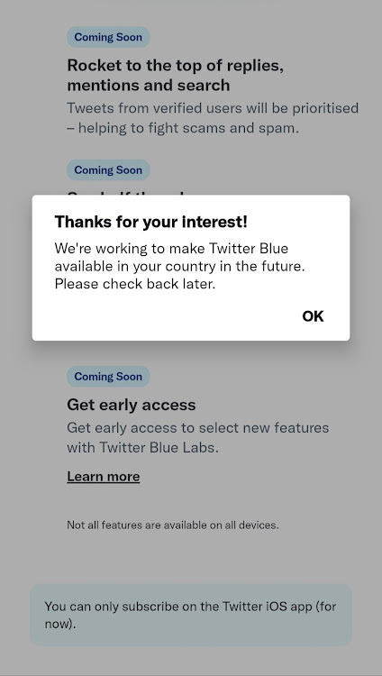 The Twitter Blue service is currently not available in Kenya.