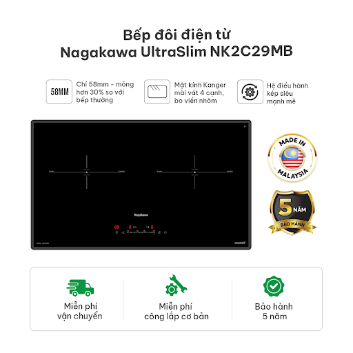 Bếp đôi điện từ Nagakawa UltraSlim NK2C29MB