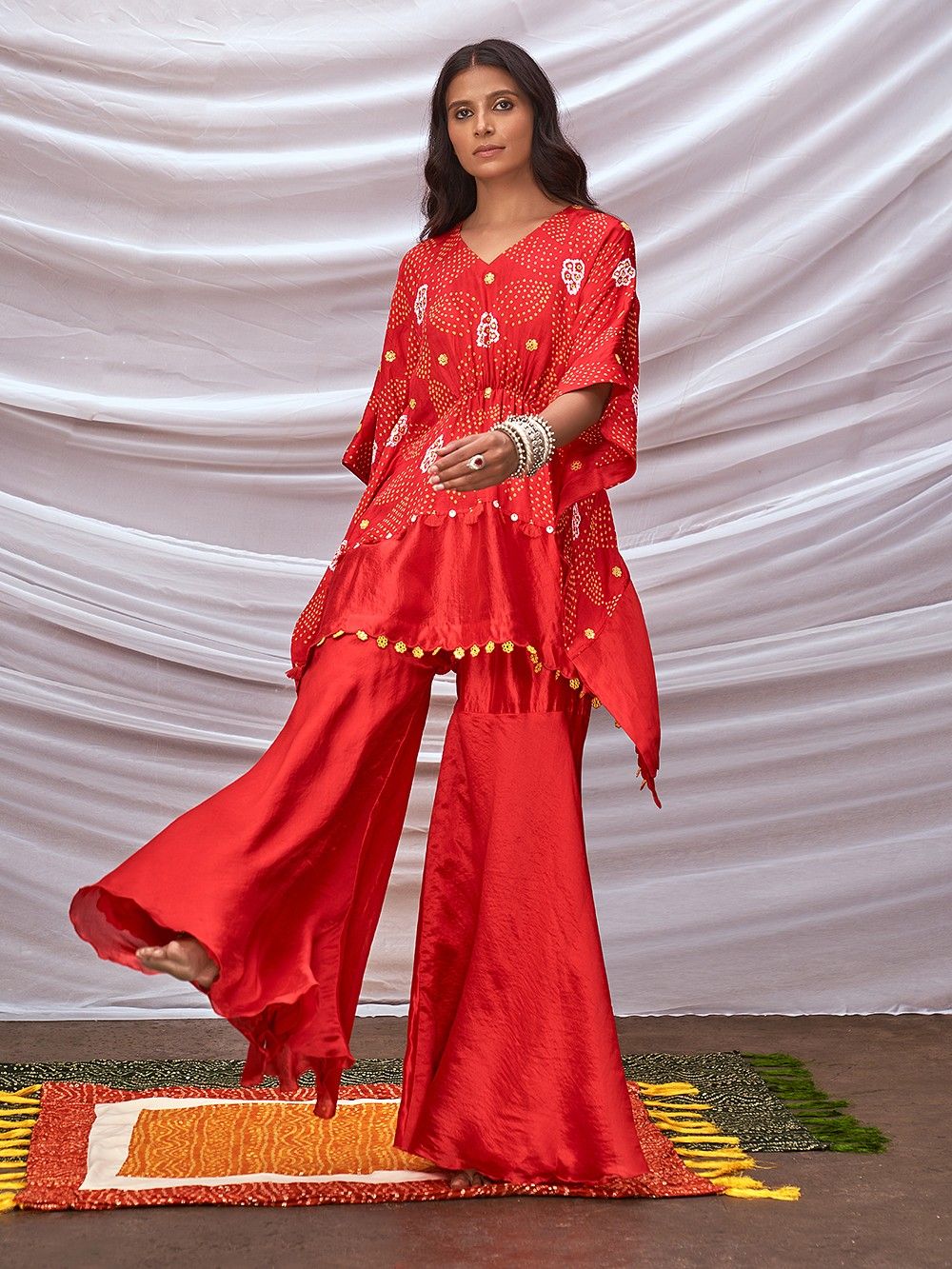 the loom - Red Bandhani Silk Layered Kaftan