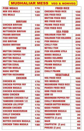 Mudhaliyar Mess menu 