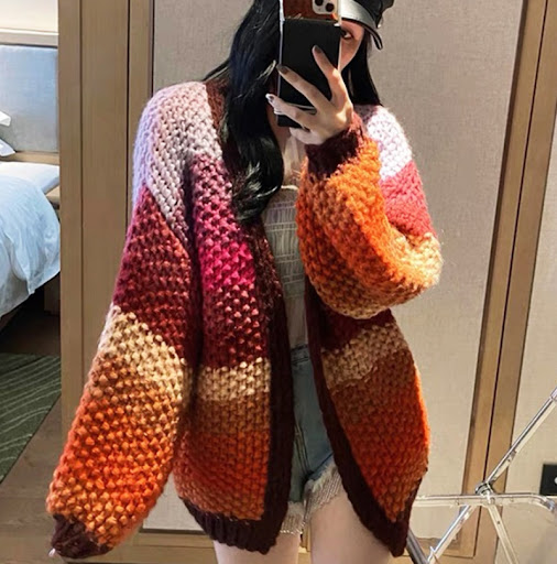 Title 1, Thick Needle Sweater Coat Rainbow Striped Contr...