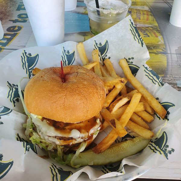 Caribbean burger on a gf bun and fries (dedicated gf fryer)