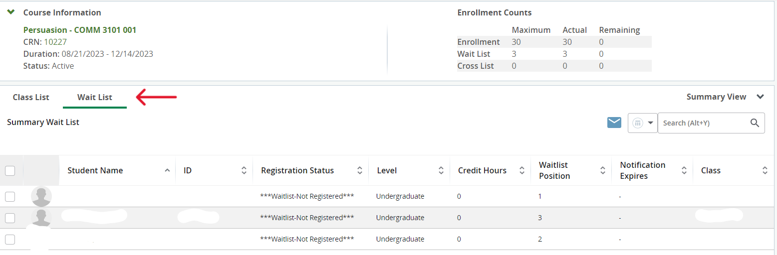 wait list tab