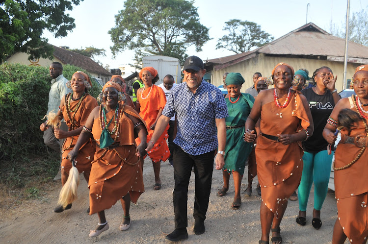 Mombasa businessman Suleiman Shahbal is welcomed by the Gema community living in Mombasa on Saturday March 6, 2022