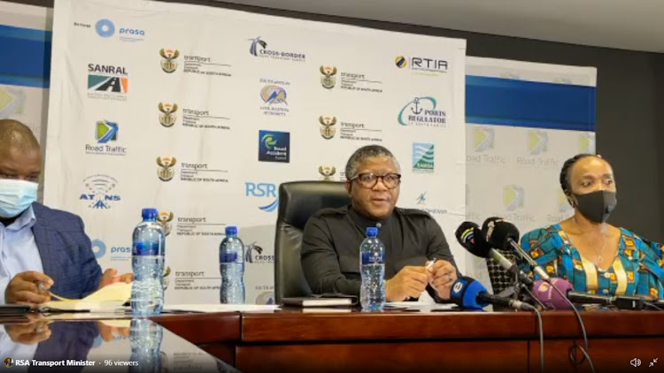 From left Gauteng transport MEC Jacob Mamabolo, transport minister Fikile Mbalula, and deputy transport minister Sindisiwe Chikunga at Friday's media briefing. Picture: DENIS DROPPA