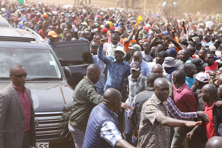 Azimio leader Raila Odinga arrives for a rally at Kamukunji grounds on January 23.