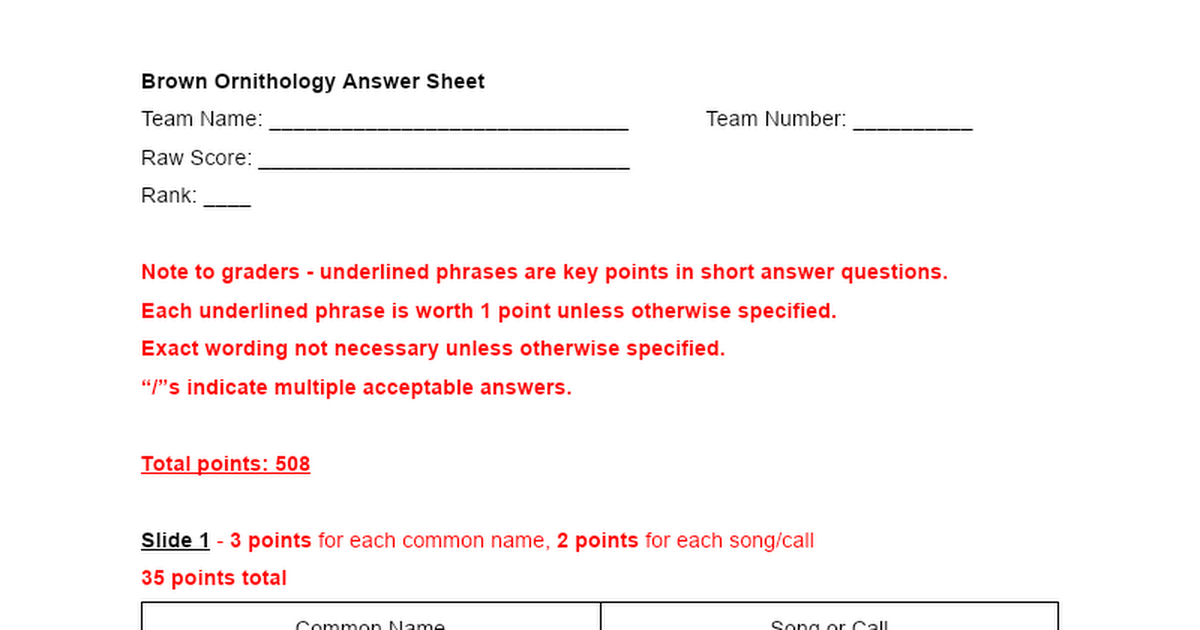 Answer Key Answer Sheet