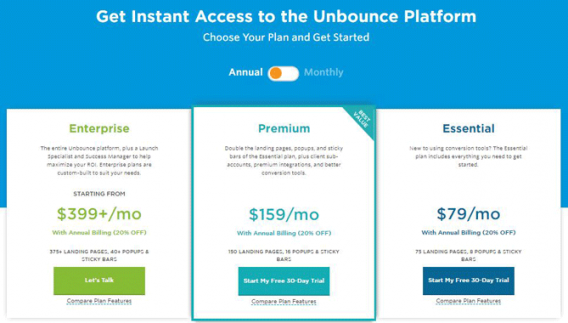 Unbounce uses contrasting colors on their pricing page to leverage psychology. 