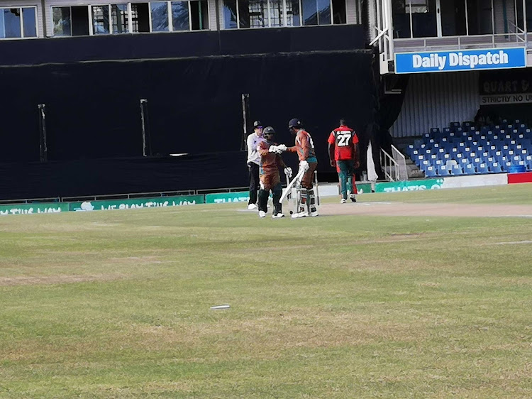 Border batsmen Marco Marais and Yaseen Vallie touch gloves during the Africa Cup T20 pool C win over Kenya at Buffalo Park on Saturday afternoon.