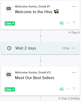 This screenshot showcases a Klaviyo flow, highlighting the initial email of the welcome series. The flow has been designed with a 2-day delay before the second email is dispatched, allowing subscribers ample time to engage with the first message.