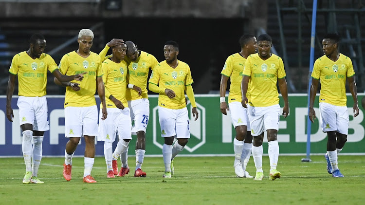 Mamelodi Sundowns celebrate their first goal in the 2022 Nedbank Cup last-32 game against Richards Bay at Princess Magogo Stadium in Durban on February 4 2022.