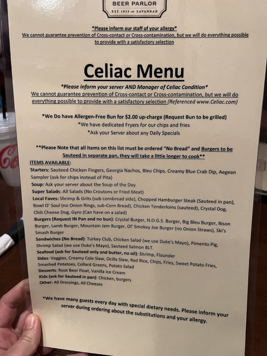 Crystal Beer Parlor gluten-free menu