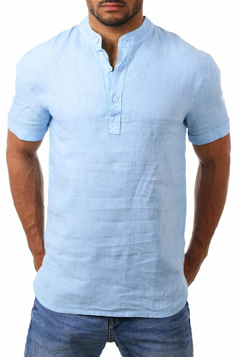 Title 3, Mens Stand Collar Cotton Linen Long Sleeve Shi...