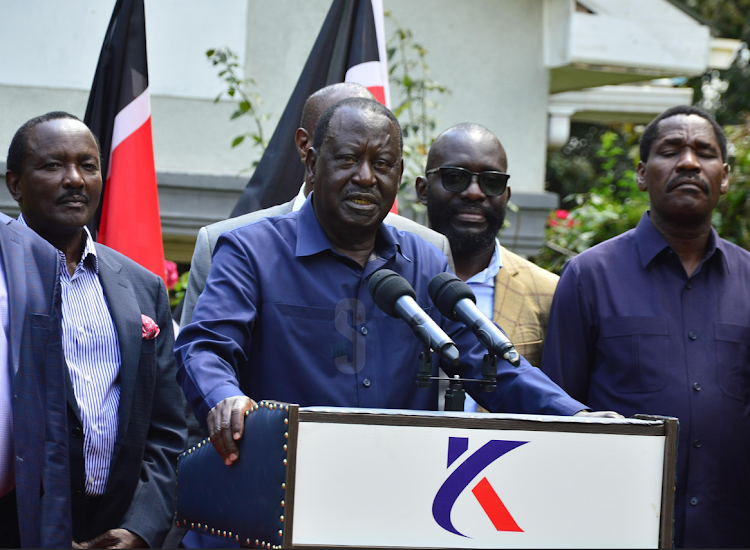 Azimio leader Raila Odinga flanked by other coalition principals during a press conference at the SK Command Centre in Karen, Nairobi, March 5, 2024.