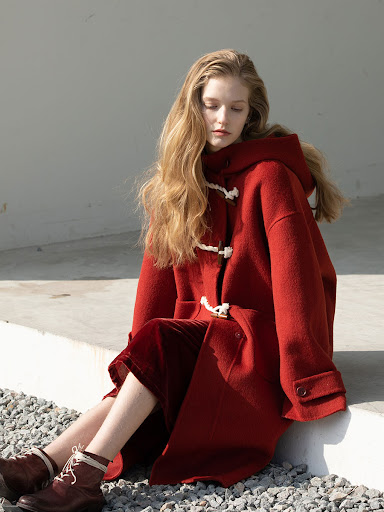 Title 3, Retro Red Wool Double Faced Woolen Coat Women E...