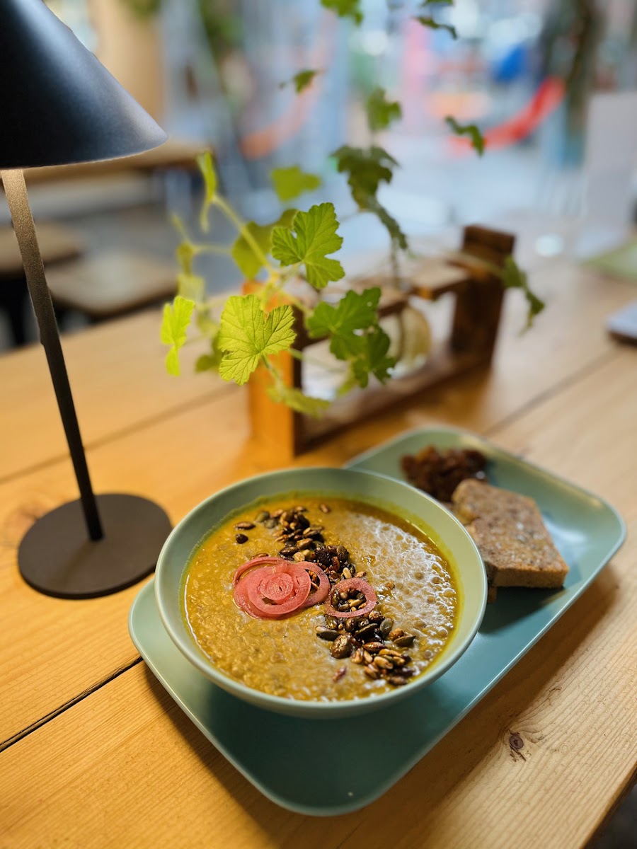 Daily Bowl's nourishing lentil dahl and 5-seeded gluten free bread.