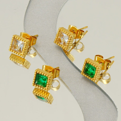 Title 5, Real Gold Square Zircon Stud Earrings, European...