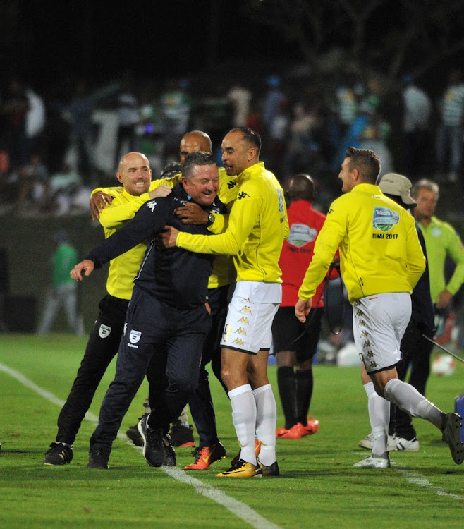 Head Coach Gavin Hunt of Bidvest Wits reacts to victory during the 2017 Telkom Knockout Final game between Bidvest Wits and Bloemfontein Celtic at Princess Magogo Stadium in KwaMashu Durban South Africa on 02 December 2017.