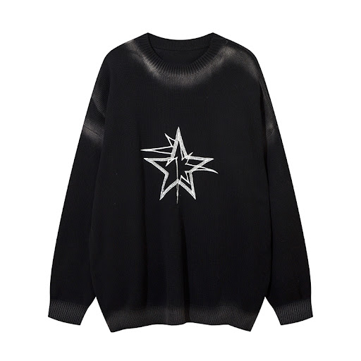 Title 2, Five-Pointed Star Embroidered Crew Neck Loose S...