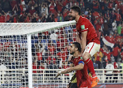 Al Ahly's Ramy Rabia and Yasser Ibrahim celebrate after the Club World Cup match against Monterrey at Al Nahyan Stadium, Abu Dhabi, United Arab Emirates on February 5