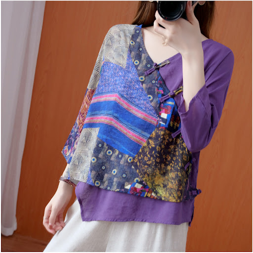 Title 8, Womens Irregular Retro Printed Diagonal Ramie ...