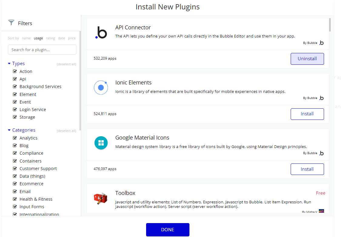 Adding the API Connector plugin in the bubble.io platform.