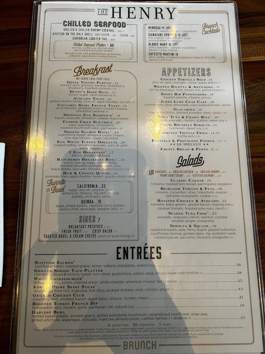 The Henry gluten-free menu