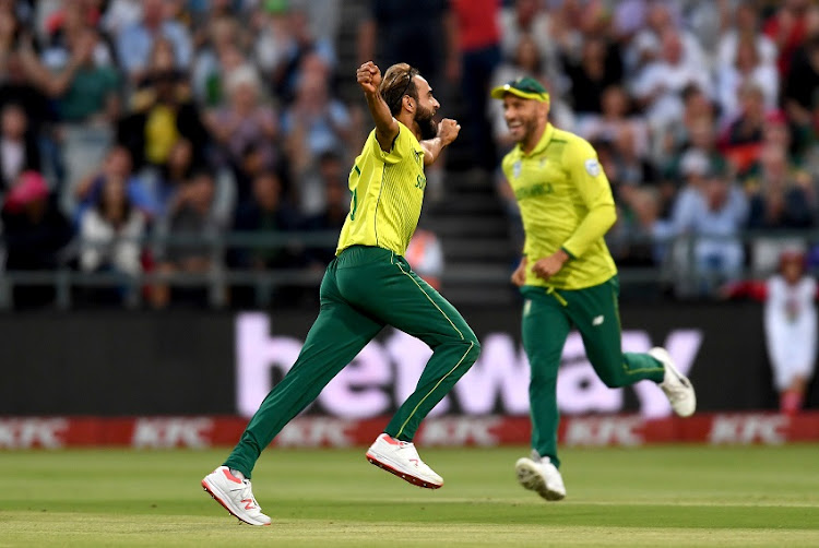 Imran Tahir of South Africa celebrates the wicket of Kamindu Mendis of Sri Lanka during the 1st KFC T20 International match between South Africa and Sri Lanka at PPC Newlands on March 19, 2019 in Cape Town, South Africa.