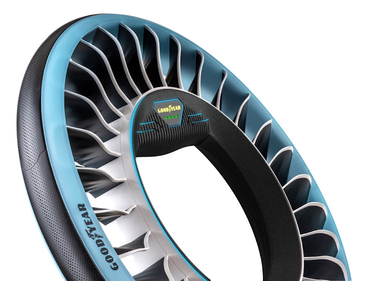 This unique airless tyre uses a structure flexible enough to dampen shocks when driving on the road and strong enough to rotate at the high speeds necessary for the rotors to create vertical lift.