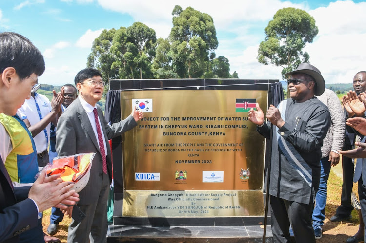 South Korean Ambassador to Kenya,Yeo Sung-Jun and Governor Kenneth Lusaka during the launch of the KOICA II water project in Mt Elgon on May,09,2024.