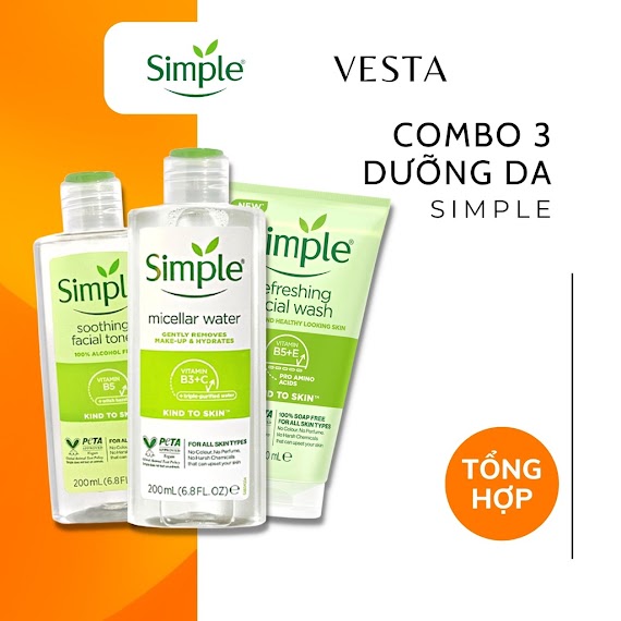 Combo 3 Simple ( Sữa Rửa Mặt + Nước Tẩy Trang + Toner Nước Hoa Hồng) Kem Dưỡng Ẩm Da , Tẩy Tế Bào Da Chết Dịu Nhẹ