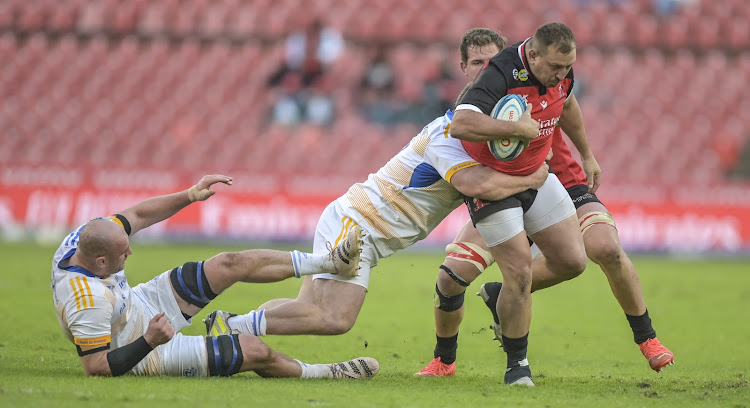 JP Smith of the Lions on the charge in their URC clash against Leinster at Ellis Park in Johannesburg.