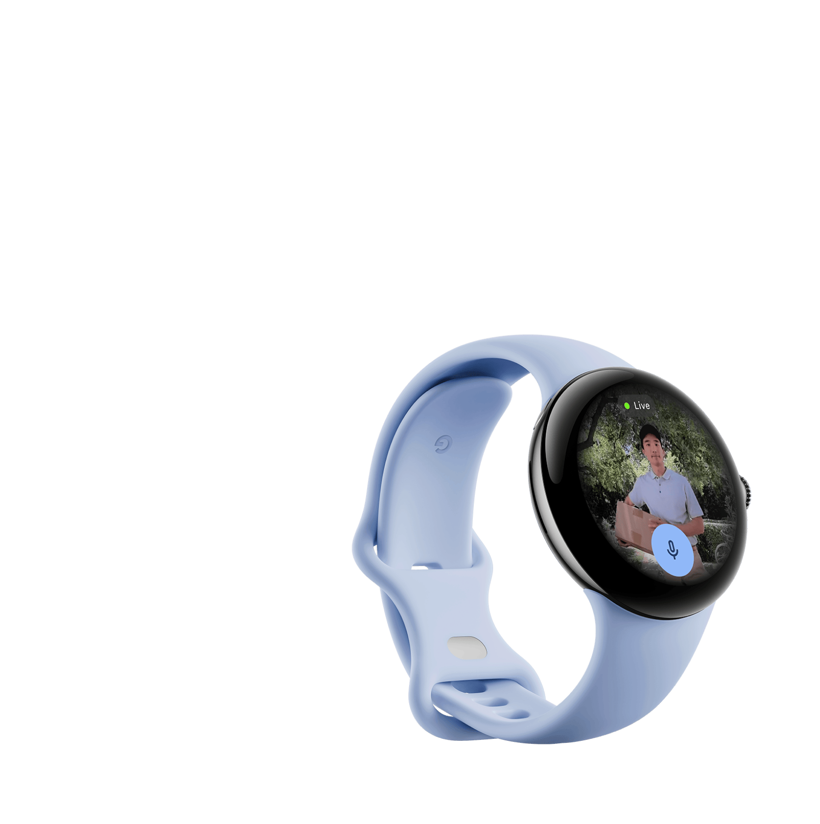 Een vrouw die in de Google Home-app op haar Pixel Watch haar Nest Doorbell-feed ziet