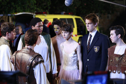 BORING SCHOOL: Troye Sivan (in the dress) and Caspar Lee (in blazer) on the set of 'Spud 3: Learning to Fly'