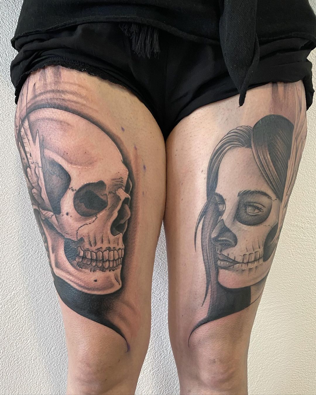 Matching Skull And Girl Face Tattoo