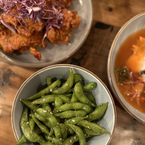 Garlic Edamame (disregard the fried chicken in the background, that was for a non GF friend)