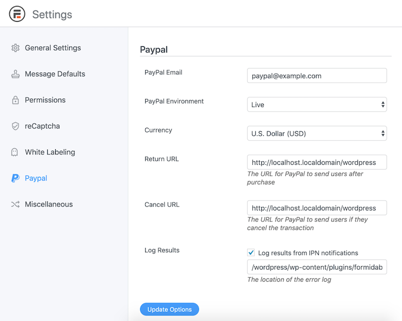 Set your PayPal settings in the PayPal tab