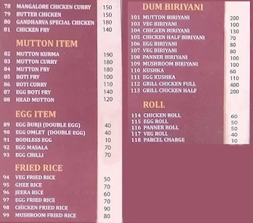 Gandharva Foodies menu 