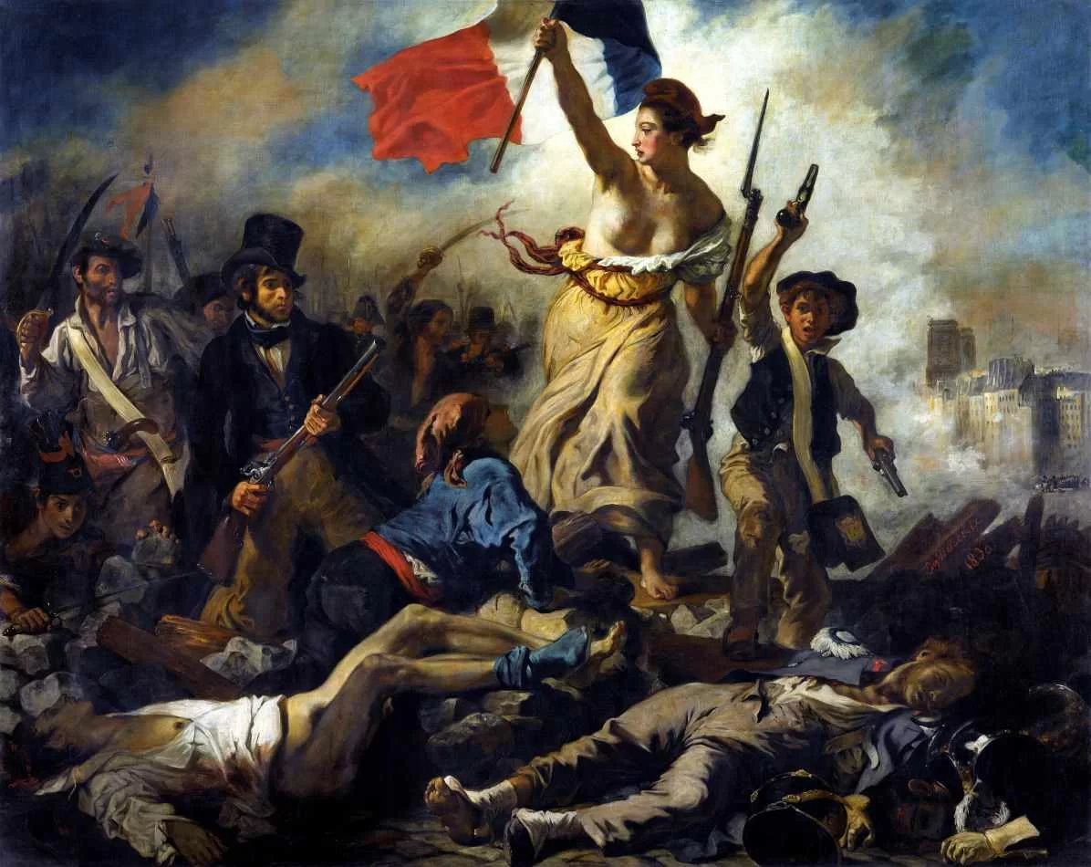 Pintura de Eugène Delacroix. A liberdade é uma mulher que segura uma bandeira francesa e guia os revolucionários.