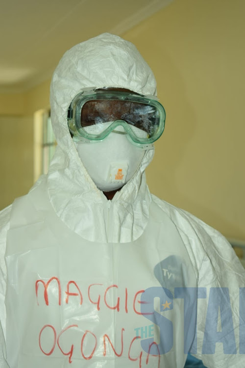 Nurse Maggy Ogonga of Mbagathi County Hospital in protective gear for handling coronavirus patients.