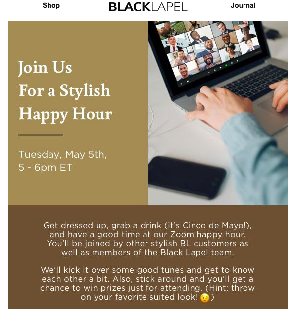 Image showing Black Lapel's invitation for their Virtual Happy Hour on Cinco de Mayo, held on Zoom