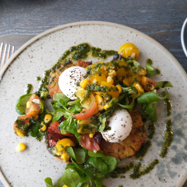 Gluten Free brunch: courgette and corn rosti with poached eggs and chorizo