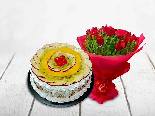 Fruit Cake With 10 Rose Bunch